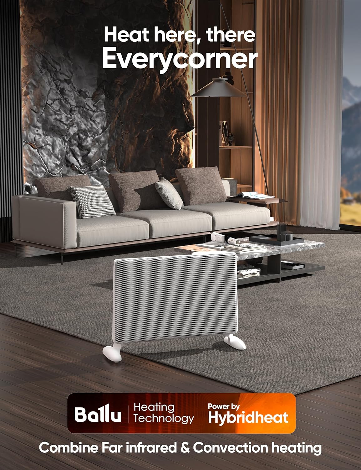 Ballu Mica Infrared Panel Space Heater for Large Room,Smart Quiet Heater with Programmable Thermostat,WiFi App Control,Inverter Energy Efficient for Indoor Use,Compatible with Alexa,White
