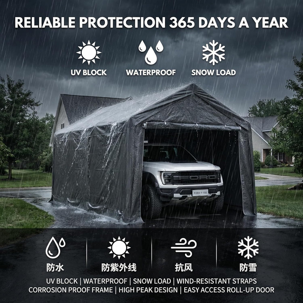 Storage Shed, 3/4 inch Thick Support Rods & Bolted Frame (Not Socket), Rolled Up Doors and Ventilation Window, Carports Car Tent 10 × 20 × 9 FT