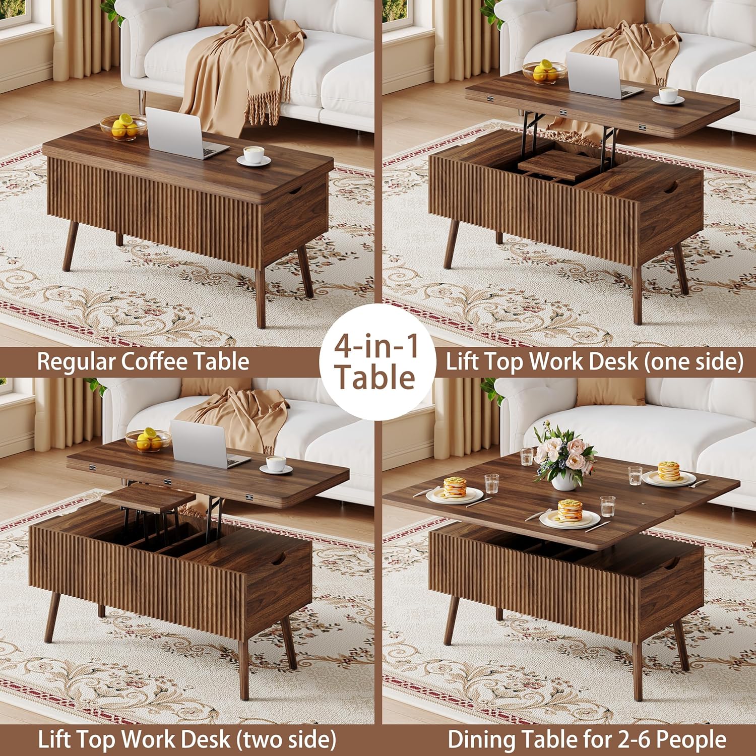 40" Lift Top Coffee Table, 4 in 1 Multi-Function Coffee Tables with Storage Drawers and Lift Tabletop, Mid Century Modern Dining Table Fluted Center Table for Living Room, Walnut