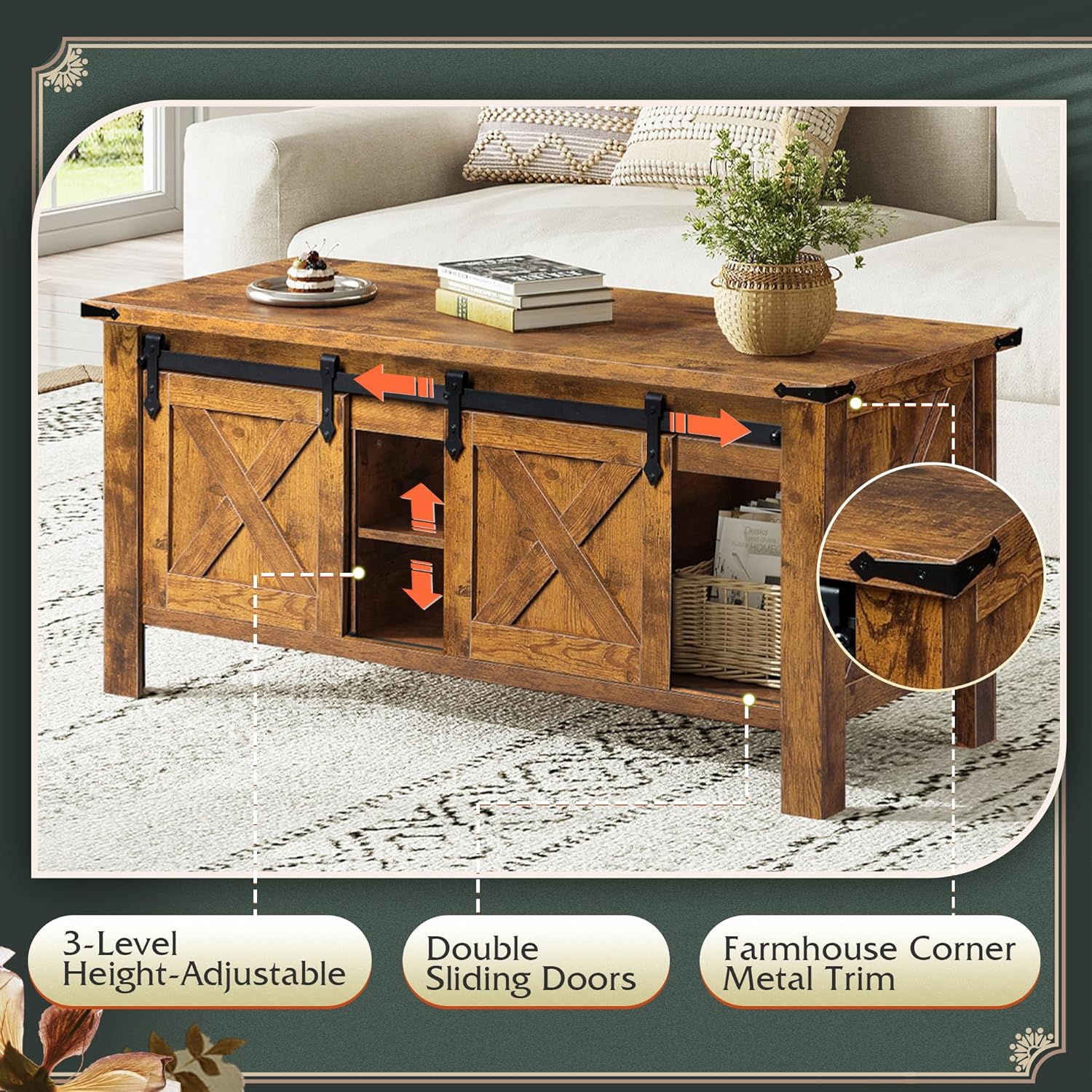 WLIVE 47.3" Farmhouse Lift Top Coffee Table with Sliding Barn Doors, Large Hidden Storage Compartment and Adjustable Shelf for Living Room,Office, Rustic Brown