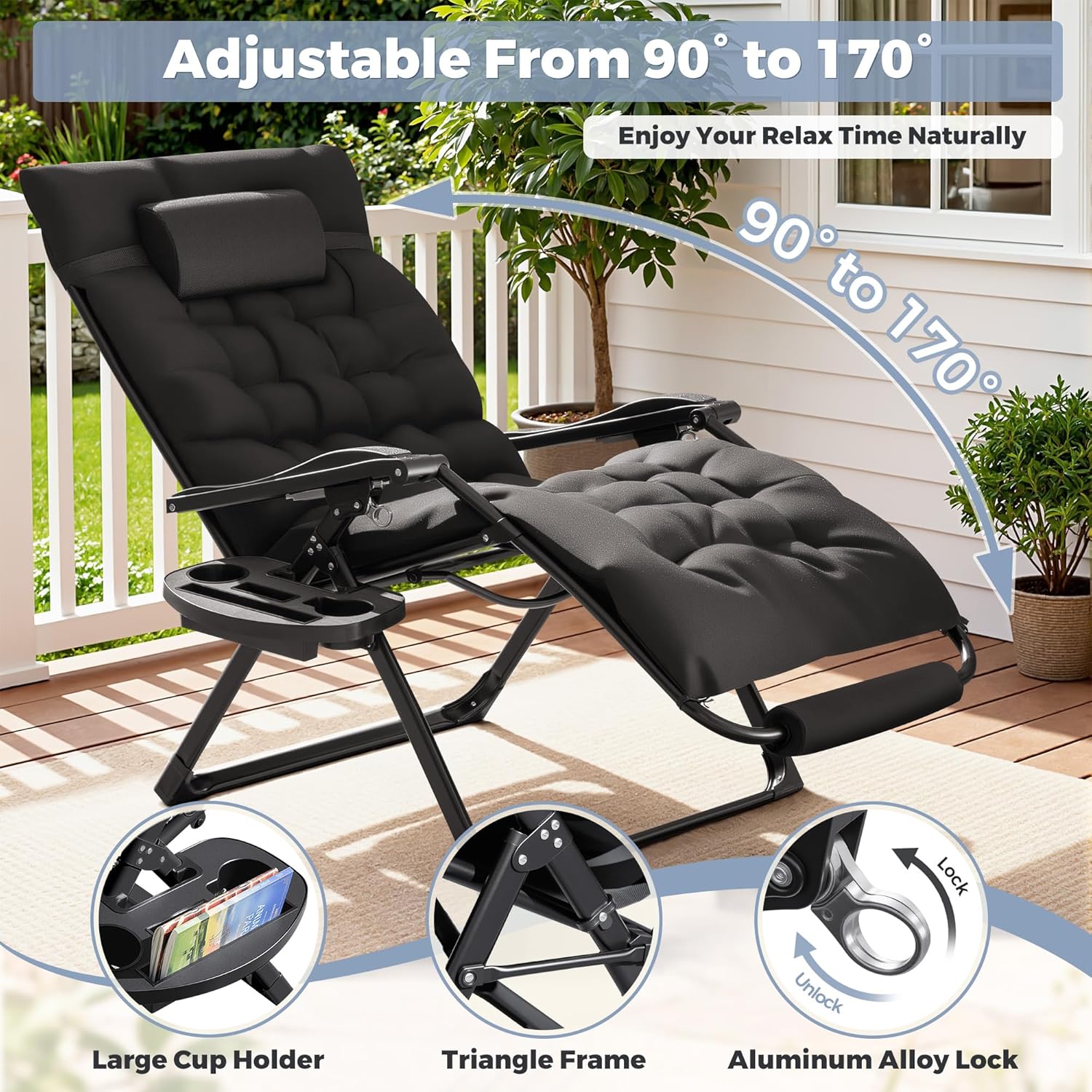 Homall Oversized Zero Gravity Chair, 32In Recliner Lounge Chair with Removable Soft Cushion and Cup Holder, Adjustable Anti Gravity Chair Folding Patio Chairs Padded for Indoor and Outdoor (Black)