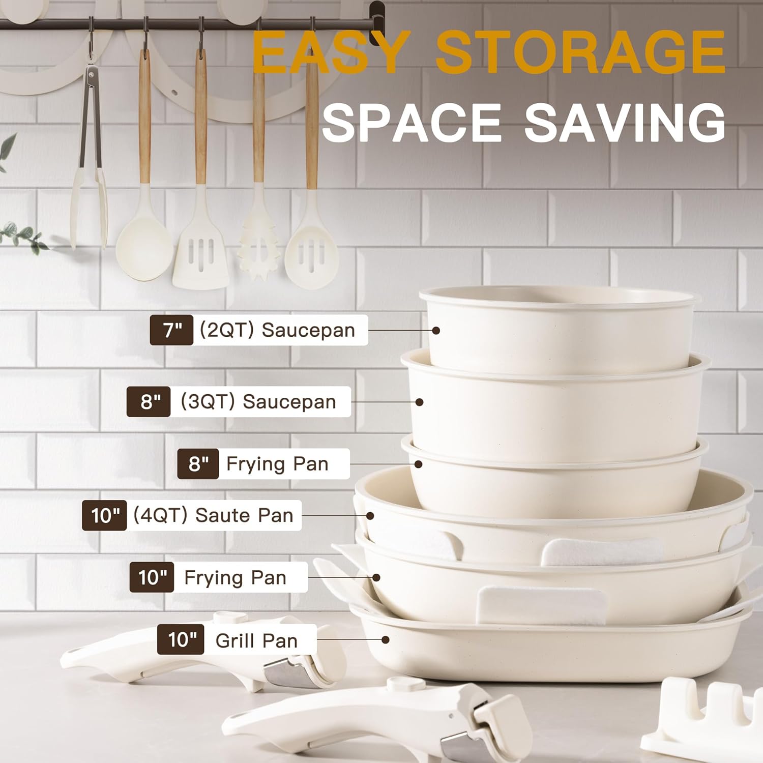 Astercook 23 Pcs Pots and Pans Non Stick Ceramic Cookware Set Detachable Handle, RV Stackable Kitchen Cooking Set Removable Handles, Oven Safe, Induction Ready, Cream White