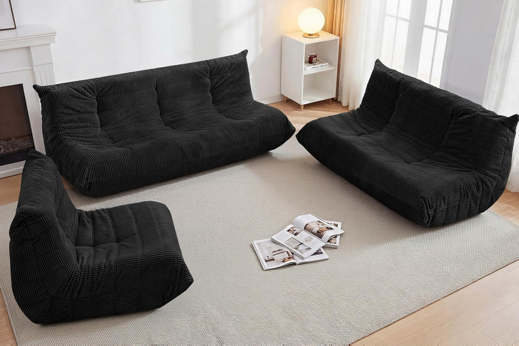 Bean Bag Chair,Giant Beanbag Chairs for Adults,Comfy Large Fireside Chair Lazy Sofa,Corduroy Bean Bag Lounger with Memory Foam Filled,Floor Sofa Couch for Home,Living Room (Black, 3-Seater)