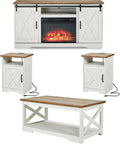 AMERLIFE 5-Piece Farmhouse Table Set Includes Fireplace TV Stand, Coffee Table& Two End Tables with Charging Station and USB Ports, for Living Room, Distressed White, 59"