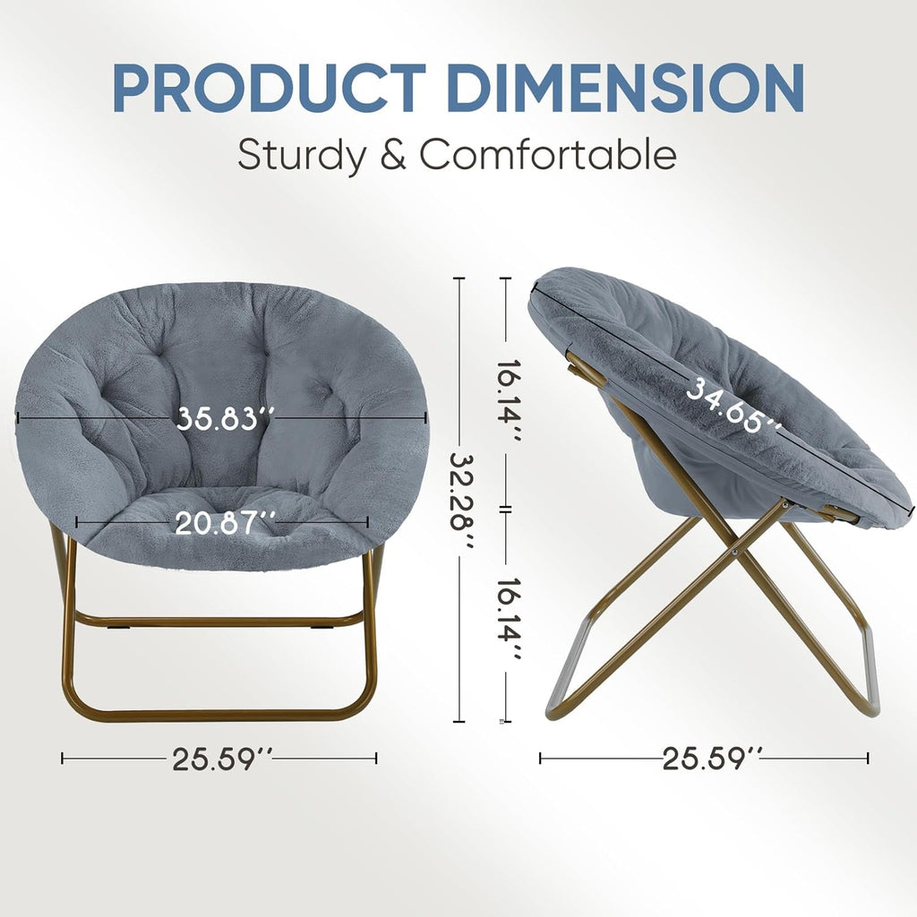 DUMOS Comfy Saucer Chair,Faux Fur Lounge Seasting XL Circle Chair for Bedroom, Dorm & Gaming, Foldable FAccent Seat for Small Spaces, Folding Moon/Mushroom/Round Oversized Style, Modern Grey