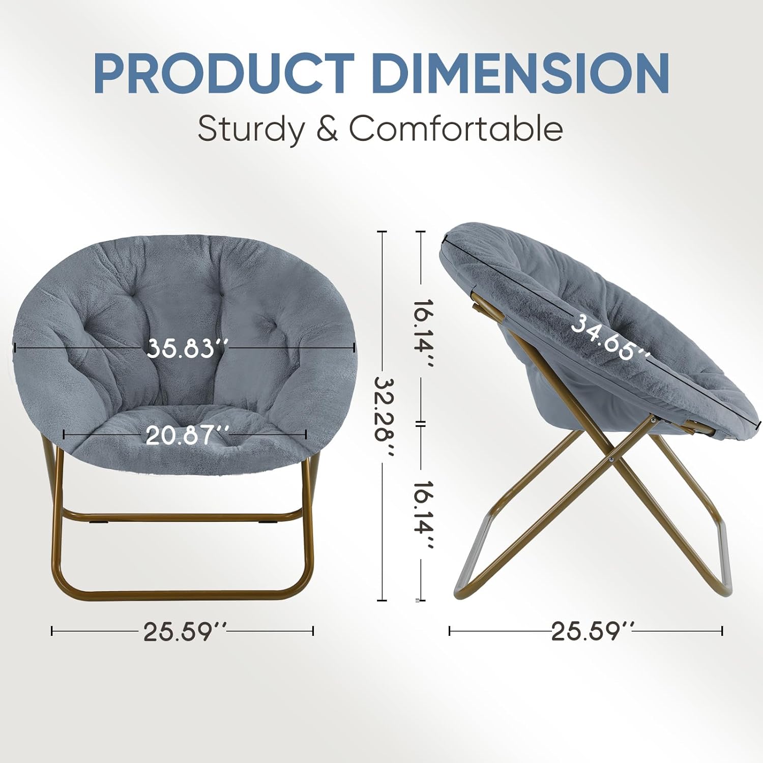 DUMOS Comfy Saucer Chair,Faux Fur Lounge Seasting XL Circle Chair for Bedroom, Dorm & Gaming, Foldable FAccent Seat for Small Spaces, Folding Moon/Mushroom/Round Oversized Style, Modern Grey