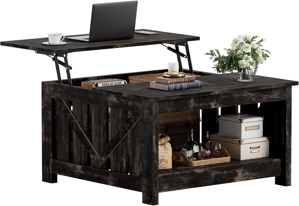FABATO Lift Top Coffee Table, 31.5" Farmhouse Coffee Tables with Storage, Small Square Cocktail Tables, Wood Central Table for Living Room, Meeting Room, Black Oak