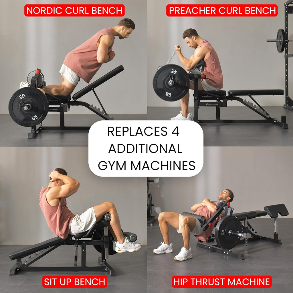 Finer Form GLX Adjustable Weight Bench with Leg Extension and Curl Machine, Total Body Bench for Home Gym, Great for Bench Press, Sit Ups, Preacher Curl, Hip Thrusts and Other Plate-Loaded Exercises