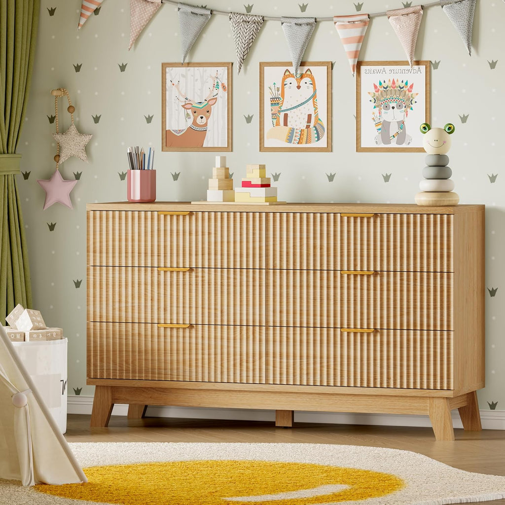 53" Long Dresser for Bedroom, 6-Drawer Dresser with Fluted Fronts, Wide Wood Chest of Drawers, Smooth Metal Slides, Stable Base, Modern Clothes Storage Cabinet for Living Room, Hallway