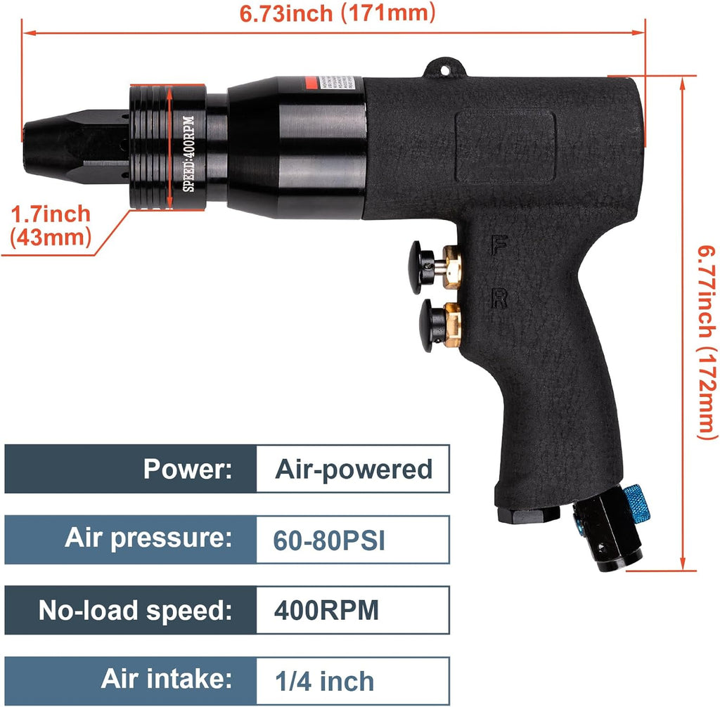 Clatoon Pneumatic Rivet Nut Gun with 10-24 & 1/4 & 5/16 & 3/8 Self-Locking Head, Adjustable Speed Air Rivet Gun, Air Rivet Nut Tool Kit with 4 Size Quick-Change, 6pcs Mandrels Included with Each Size