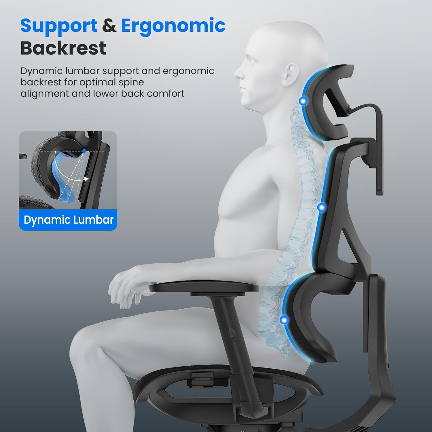 OdinLake L1 Ergo Upgrade 518 Black Ergonomic Mesh Office Chair – Big & Tall 350lbs, Dynamic Lumbar Support, Adjustable Height, Seat Depth, Headrest, Armrests, BIFMA Certified Desk Chair