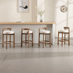 LukeAlon Mid Century Linen Counter Stools Set of 4, Upholstered 26.5” Seat Height Low Barstools with Natural Wood Legs Round Low Back Kitchen Stools with Footrest for Dining Room, Beige