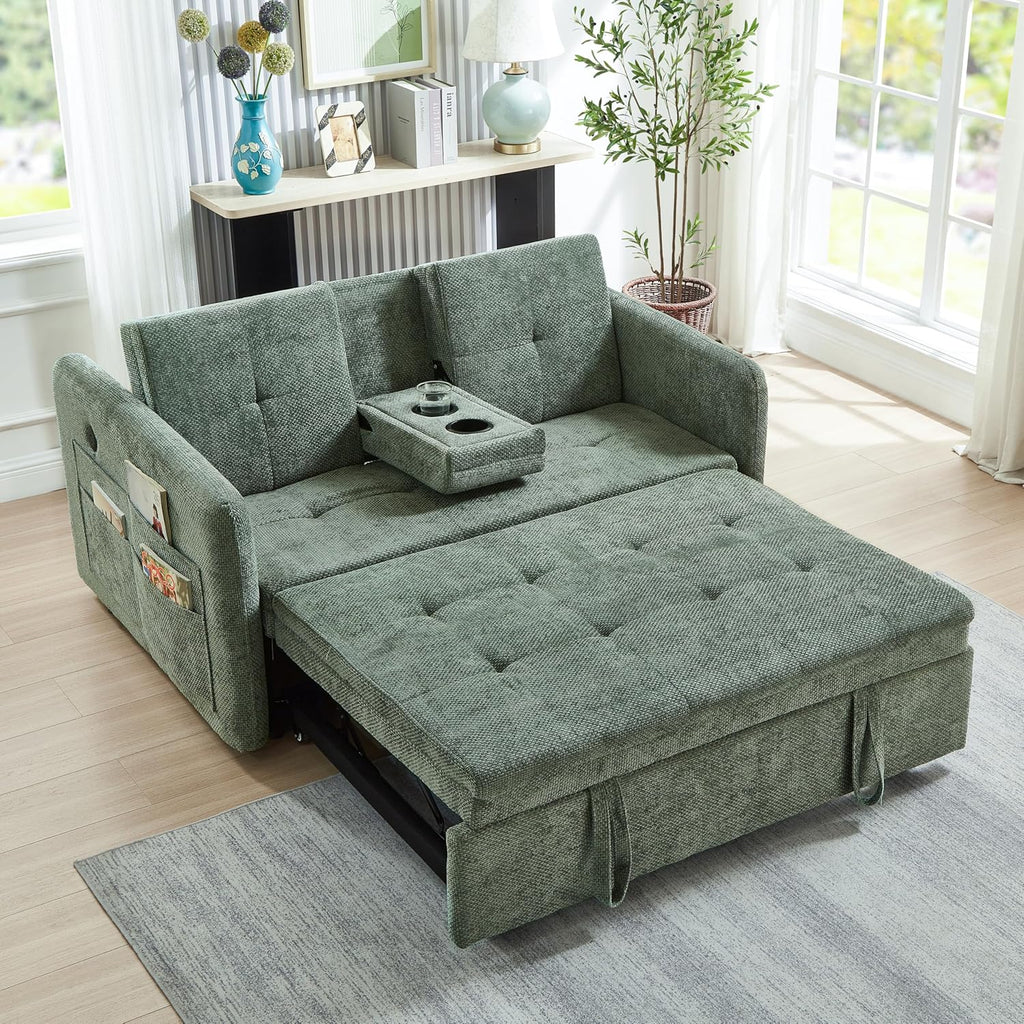 57.48" Convertible Sofa Bed with Cup Holder, Pull Out Sleeper Sofa Bed with USB Charging Ports, 3 in 1 Convertible Sleeper Sofa Bed for Living Room, Apartment, Bedroom, RV, Green