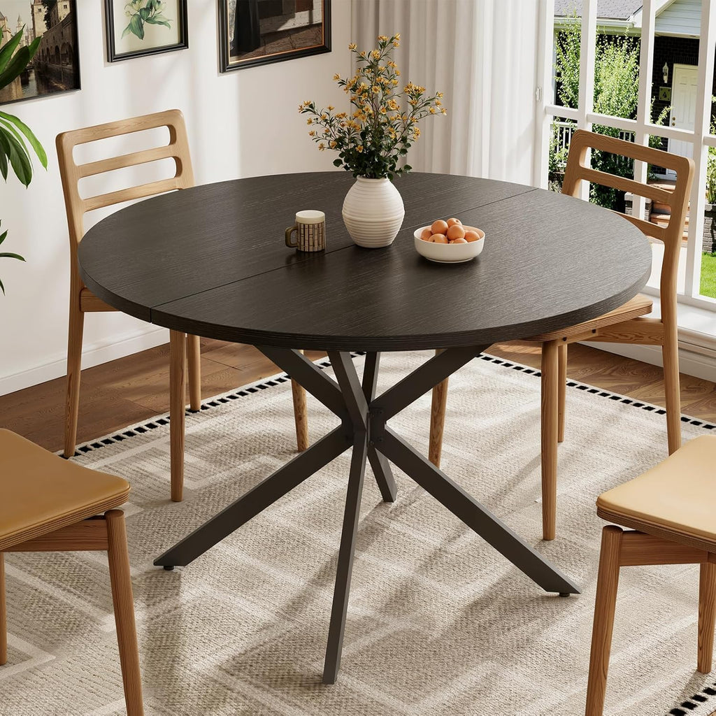 Vantic 47" Round Dining Table for 4-6 People, Modern Wood Kitchen Table for Small Space, Circle Dining Table with Metal Base for Kitchen & Living Room, Black