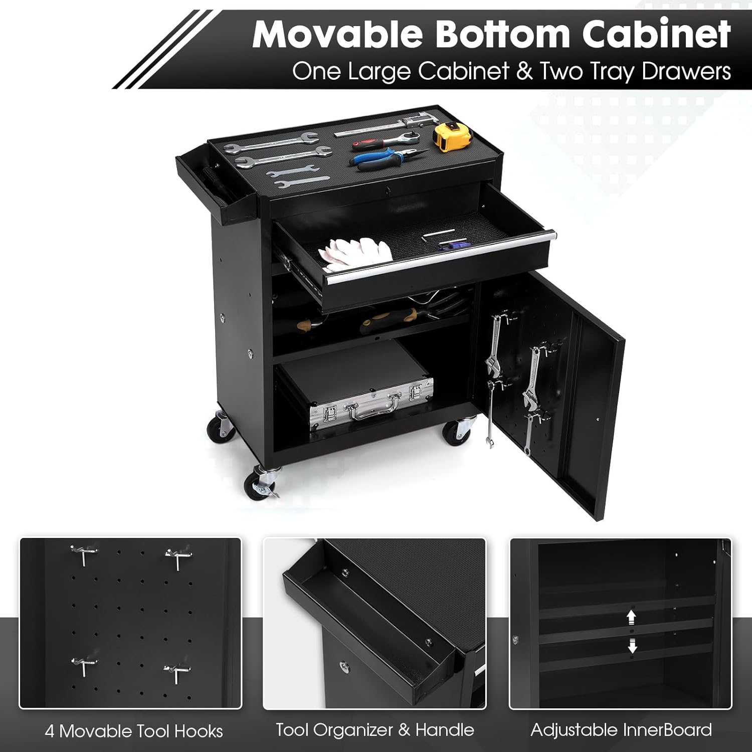 Dawmilon 5-Drawer Rolling Tool Chest, Detachable Top Tool Box, Lockable Metal Tool Cabinet with Wheels, Adjustable Shelf and Liner for Garage Workshop Storage, Black