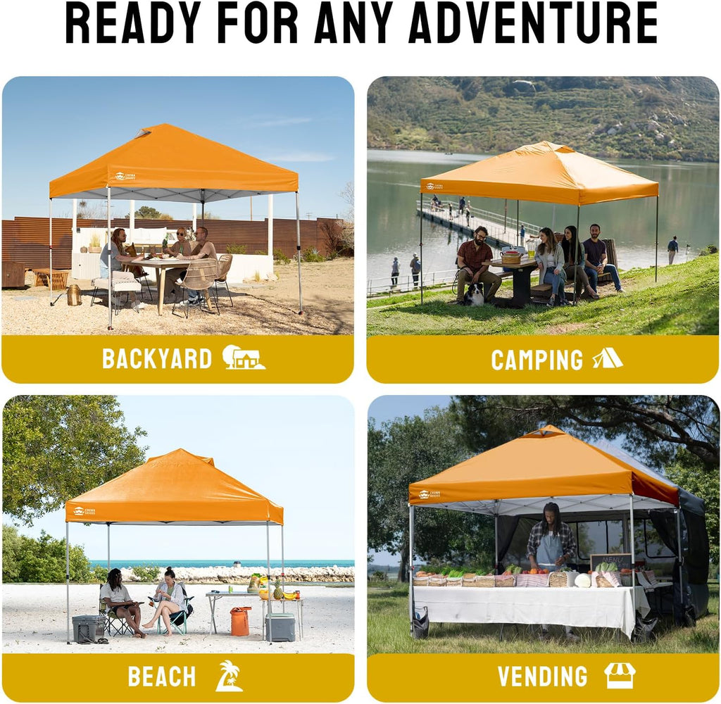 CROWN SHADES 10x10 Pop Up Canopy - Beach Tent with One Push Setup - Easy Outdoor Sun Shade for Events, Parties, Camping - Gazebo with STO-N-Go Cover Bag, Silver Coated Top, Orange