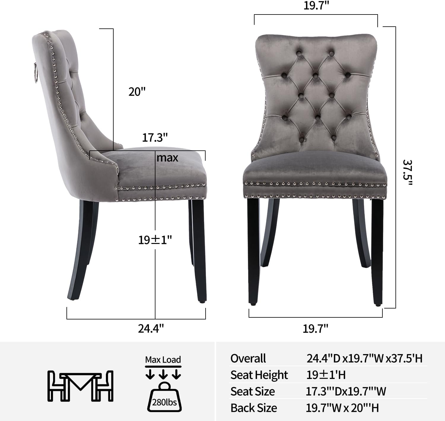 Modern Kitchen Chairs Set of 4 Grey Velvet Dining Room Chairs with Back Ring Pull Nailhead Trim Solid Wood Leg Upholstered Tufted Table Chair for Western Restaurant Living Powder Room Hotel