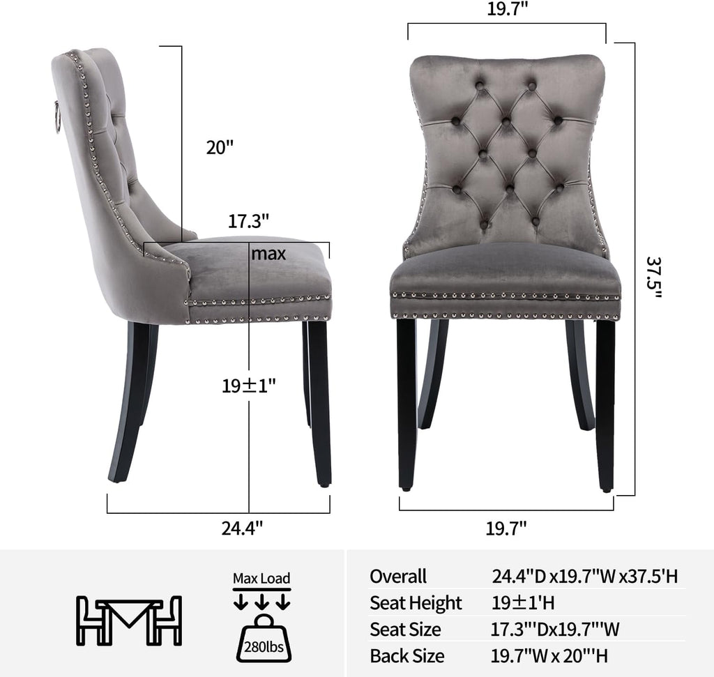 Modern Kitchen Chairs Set of 4 Grey Velvet Dining Room Chairs with Back Ring Pull Nailhead Trim Solid Wood Leg Upholstered Tufted Table Chair for Western Restaurant Living Powder Room Hotel