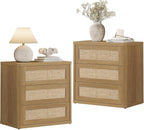 SICOTAS Rattan Nightstand Set of 2, 26.8" Wide Oversized 3 Drawer Night Stands, Boho Bedside End Tables with Push-Close & Kid-Safe Rounded Edge for Bedroom Guest Room Home Office Entryway, Amber Oak