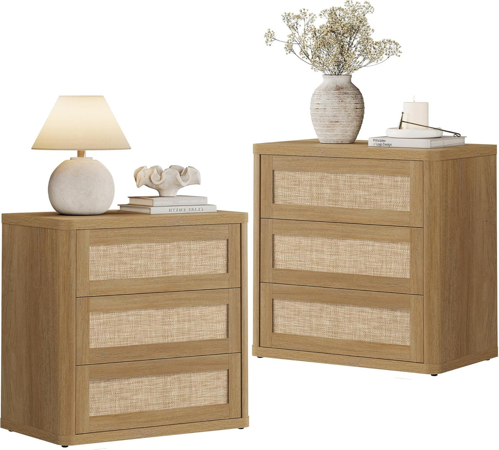 SICOTAS Rattan Nightstand Set of 2, 26.8" Wide Oversized 3 Drawer Night Stands, Boho Bedside End Tables with Push-Close & Kid-Safe Rounded Edge for Bedroom Guest Room Home Office Entryway, Amber Oak