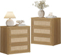 SICOTAS Rattan Nightstand Set of 2, 26.8" Wide Oversized 3 Drawer Night Stands, Boho Bedside End Tables with Push-Close & Kid-Safe Rounded Edge for Bedroom Guest Room Home Office Entryway, Amber Oak