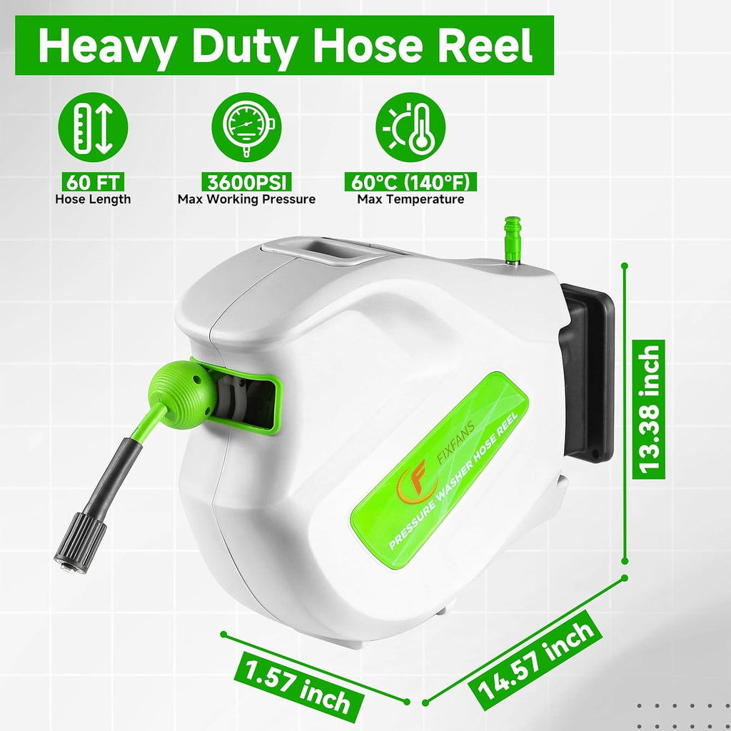 FIXFANS Pressure Washer Hose Reel with Hose, 1/4" × 65ft Retractable Power Washer Reel with Hidden Handle, Wall Mounted High Pressure Hose Reel Auto Rewind, 3600 PSI