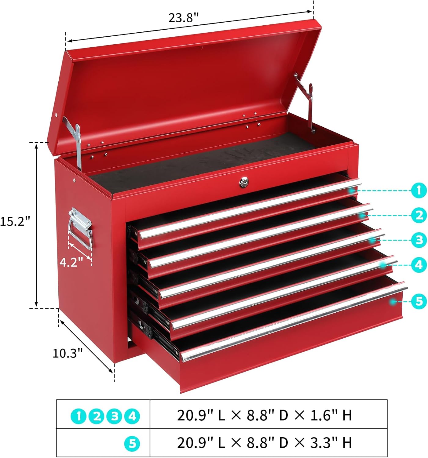 Winado 24" Metal Tool Box, Portable 5 Drawers Toolbox with Top Storage Tray, Carry Handle, Ball Bearing Runners, Lockable Tool Chest Cabinet for Garage, Warehouse, Repair Shop & Home, Red