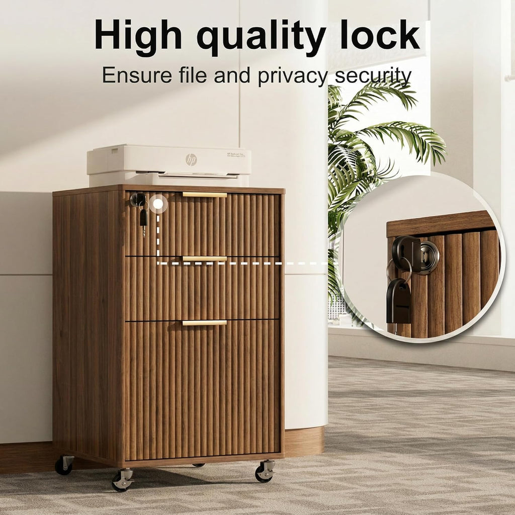 INNOD 3 Drawer Fluted Mobile File Cabinet with Lock, Rolling File Cabinet, Under Desk Wooden Filing Cabinets for Home Office (Walnut)