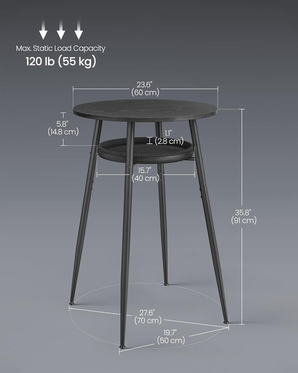 VASAGLE EKHO Collection - Bar Table with Storage, Round High Pub Table, Synthetic Leather with Stitching, Mid-Century Modern, Kitchen Home Bar, Living Room, Easy Assembly, Ebony Black and Ink Black