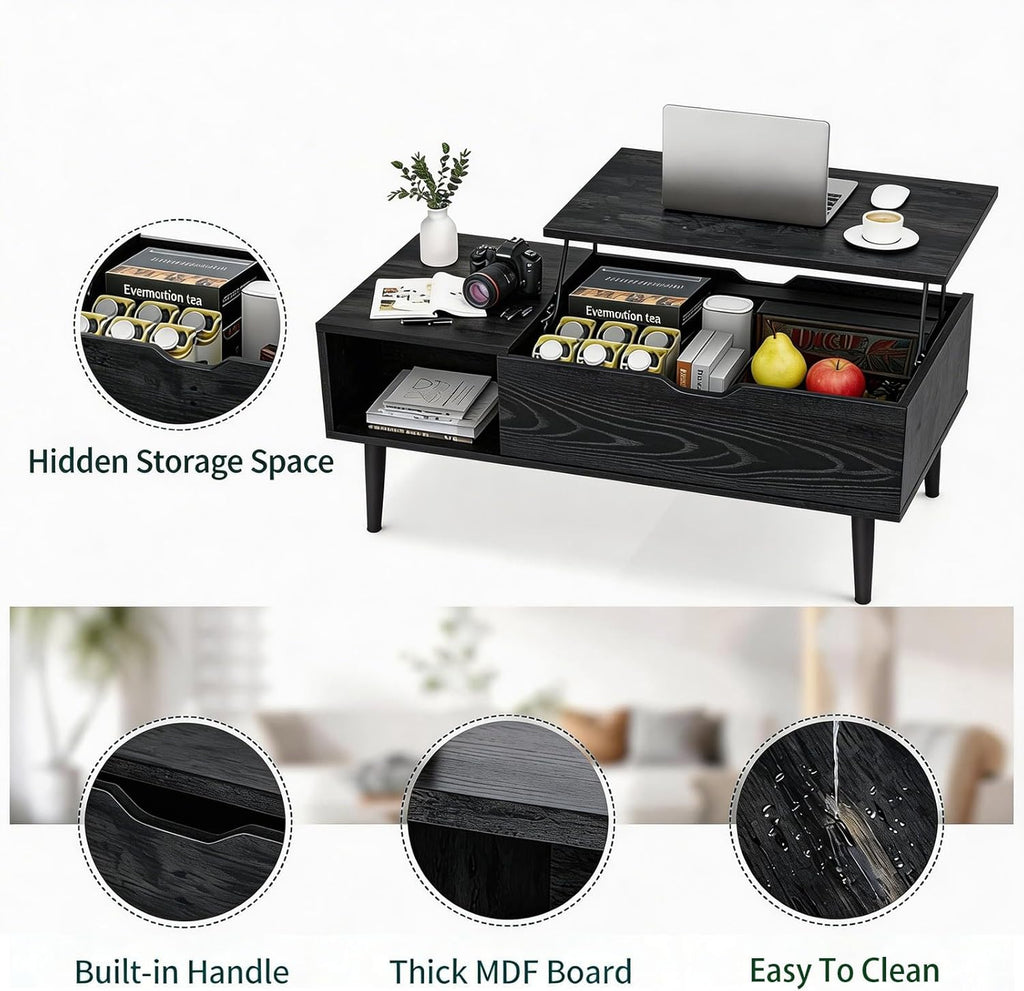 Lift Top Coffee Table, Mid Century Modern Storage Coffee Table, Center Table for Living Room with Hidden Storage and Open Shelving, Suitable for Living Room Tables, Black