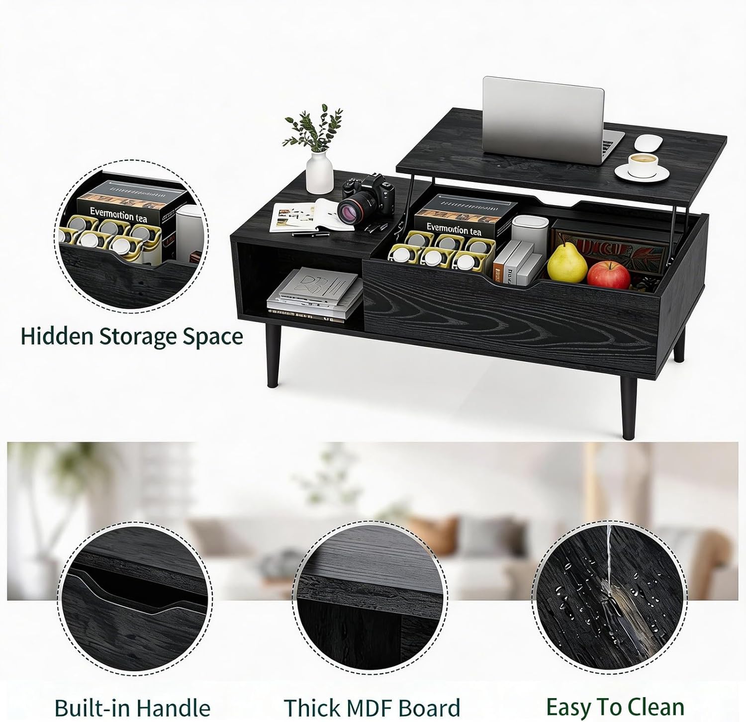 Lift Top Coffee Table, Mid Century Modern Storage Coffee Table, Center Table for Living Room with Hidden Storage and Open Shelving, Suitable for Living Room Tables, Black