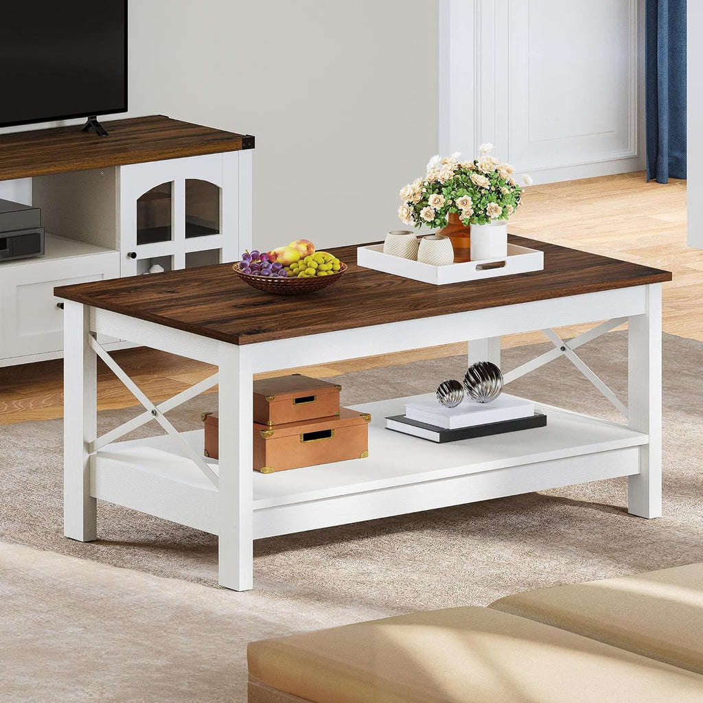 YITAHOME Coffee Table for Living Room, Modern Farmhouse Coffee Table with Storage, 2-Tier Center Table Wood Living Room Table Accent Cocktail with Sturdy Frame, Brown