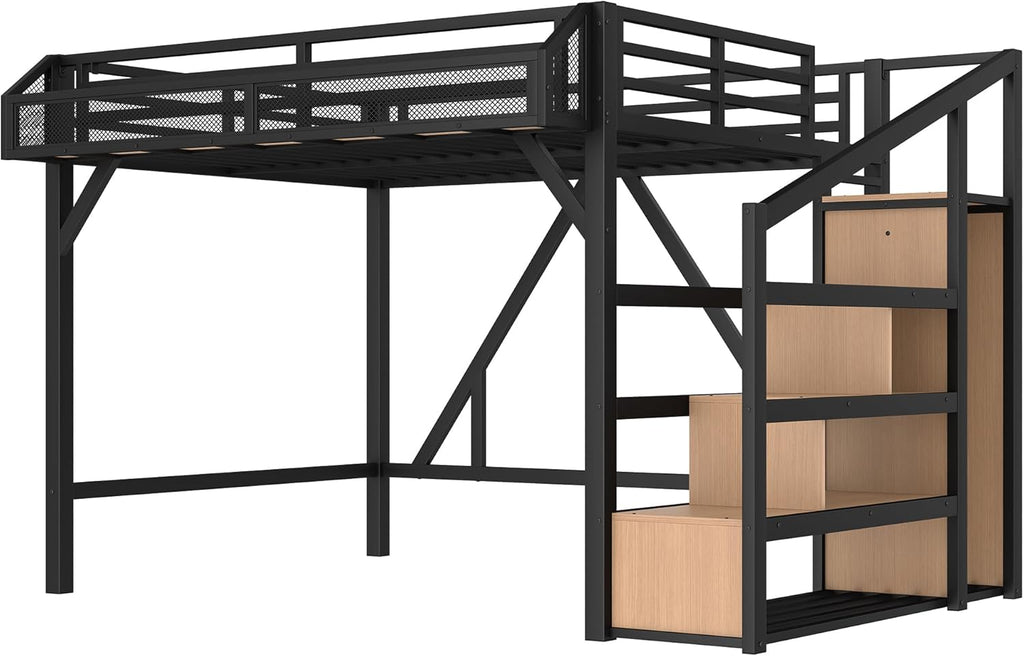 Bellemave Full Loft Beds with Storage Beside Shelves and Wardrobe, Metal Loft Bed with LED Lights and USB Ports, Heavy-Duty Loft Bed Frame for Teens, Adults, Noise-Free & Space-Saving, Black+Natural