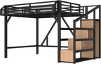 Bellemave Full Loft Beds with Storage Beside Shelves and Wardrobe, Metal Loft Bed with LED Lights and USB Ports, Heavy-Duty Loft Bed Frame for Teens, Adults, Noise-Free & Space-Saving, Black+Natural