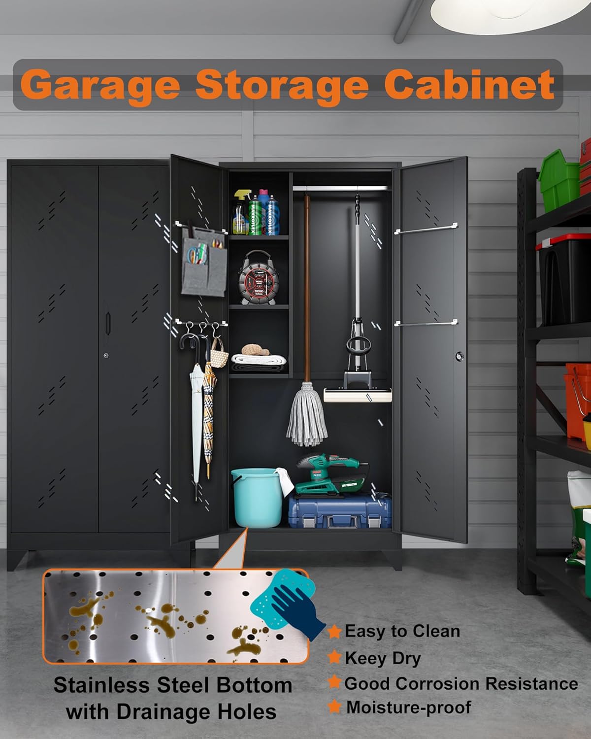 75" Metal Storage Cabinet with Lockable Doors, Functional Garage Storage Cabinets, Heavy-Duty Tool Organization Cabinet with Hanging Rod & S-Hooks (75" Utility Closet)