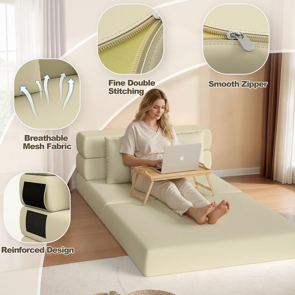 Folding Sofa Bed, Convertible Sleeper Chair & Couch Bed with Pillow, One-Piece High-Density Sponge Mattress, Multi-Purpose Floor Sofa for Living Room, Office, Dorm, Apartment, Beige, Single
