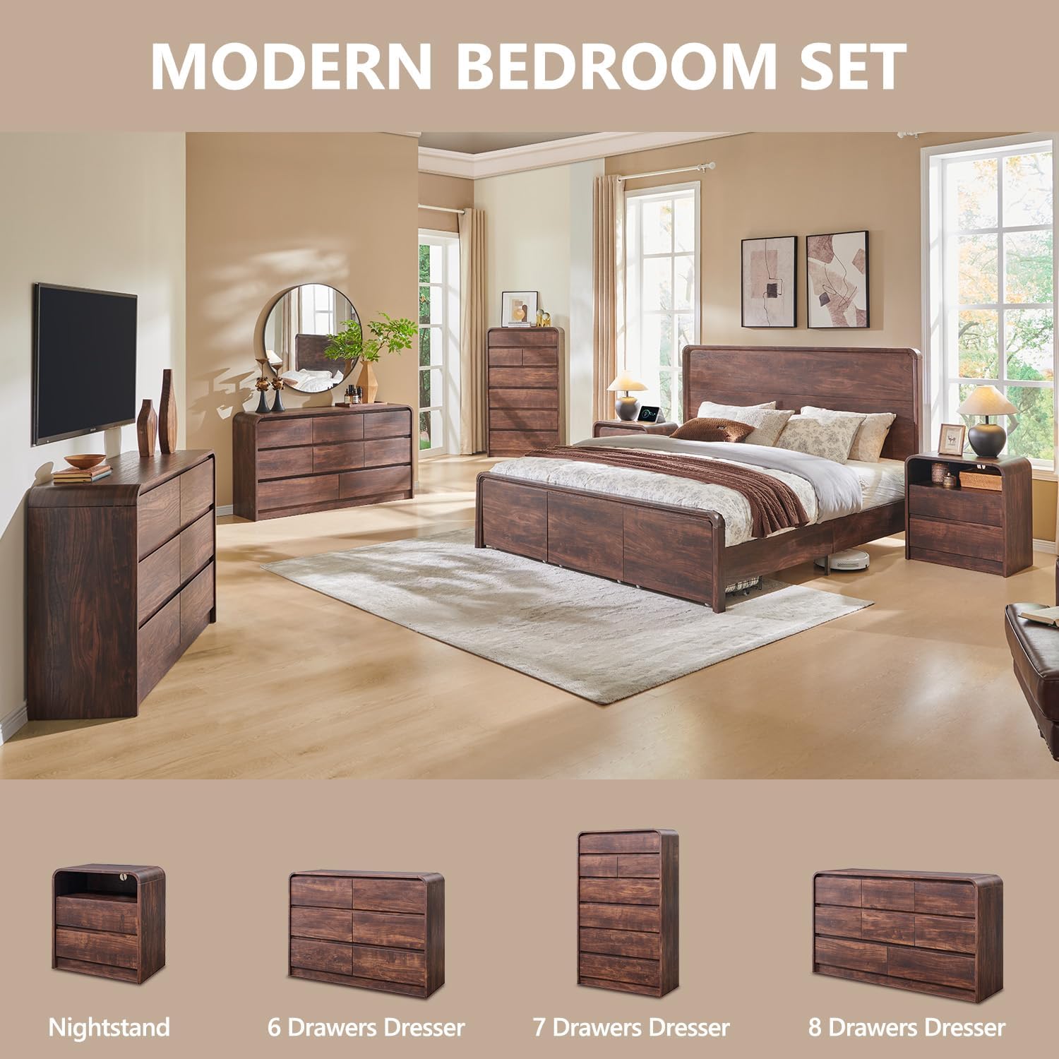 25" Tall Modern Nightstand Set of 2, 23.6'' Wide Wood Bedside Table w/2 Storage Drawers, Charging Station,Mid Century End Table for Bedroom, Living Room, Curved Profile Design, Brown