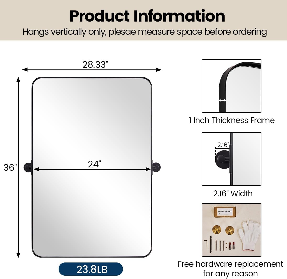 MOON MIRROR 24"x36" Matte Black Pivot Mirror for Bathroom, Metal Frame Bathroom Mirrors for Wall .Rectangle Titling Vanity Wall Mirror with Rounded Corner Hangs Vertical(Overall 27.75" x 36")