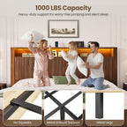 CypBed King Size Bed Frame and Headboard& 2 Storage Drawers, King Bed Frame with LED Light and Charging Port, Farmhouse Wavy Design, Wood & Metal Platform, Noise-Free, No Box Spring Needed, Walnut