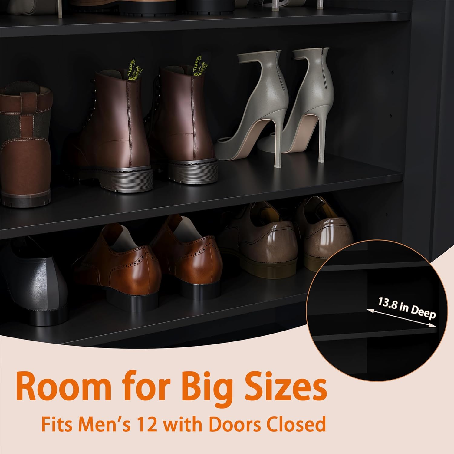 Modern Shoe Storage Cabinet, 7-Tiers Black Shoes Cabinet with Fluted Doors, 45 inch Tall Wooden Shoe Organizer with 4 Adjustable Shelves, Storage Cabinet for Entryway, Hallway, Front Door
