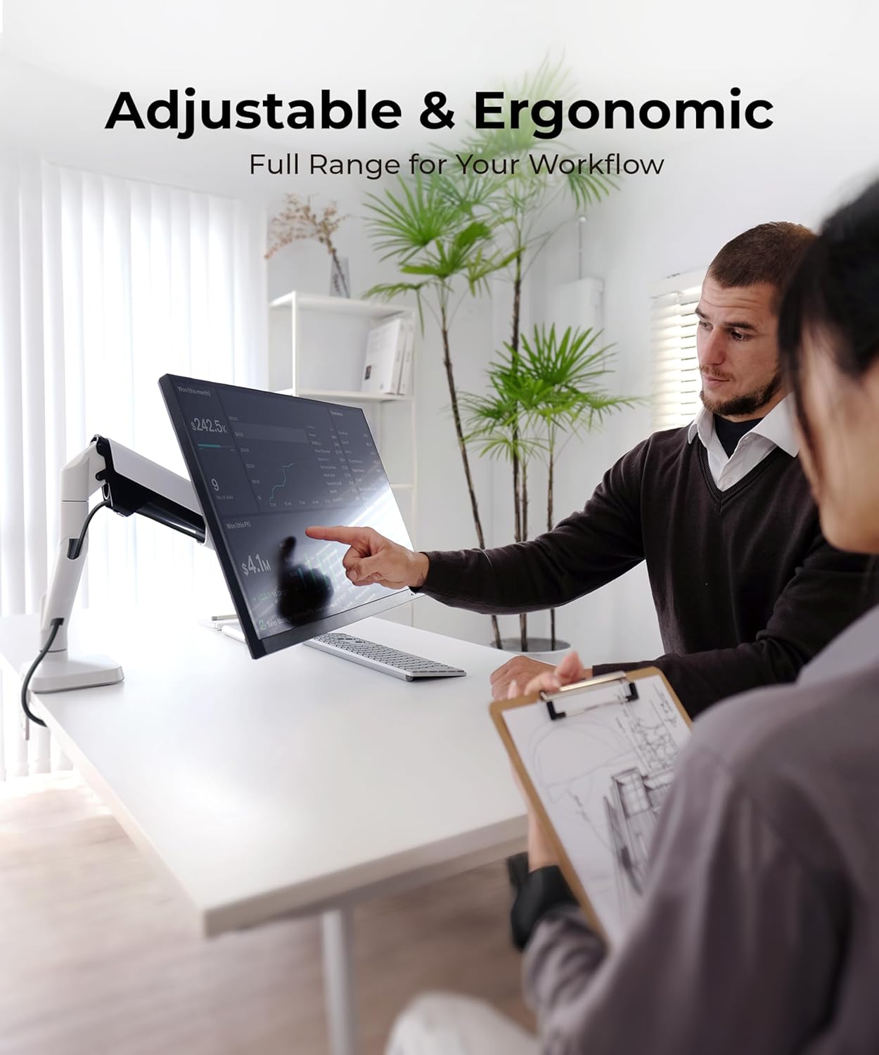Heavy Duty Monitor Arm Desk Mount for 34-49 Inch Ultrawide Curved Monitors  Supports 14-38 lbs  Gas Spring Ergonomic Full Motion with Cable Management  Red Dot Design Awarded  White