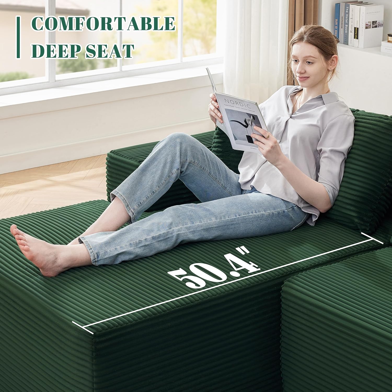 110” Cloud Sectional Couch, Modular Sectional Sofa for Living Room, Boneless Sofa with Deep Seat, Comfy Fluffy Couch with L-Shaped Chaise, No Assembly Required (Left-Facing Chaise, Green)