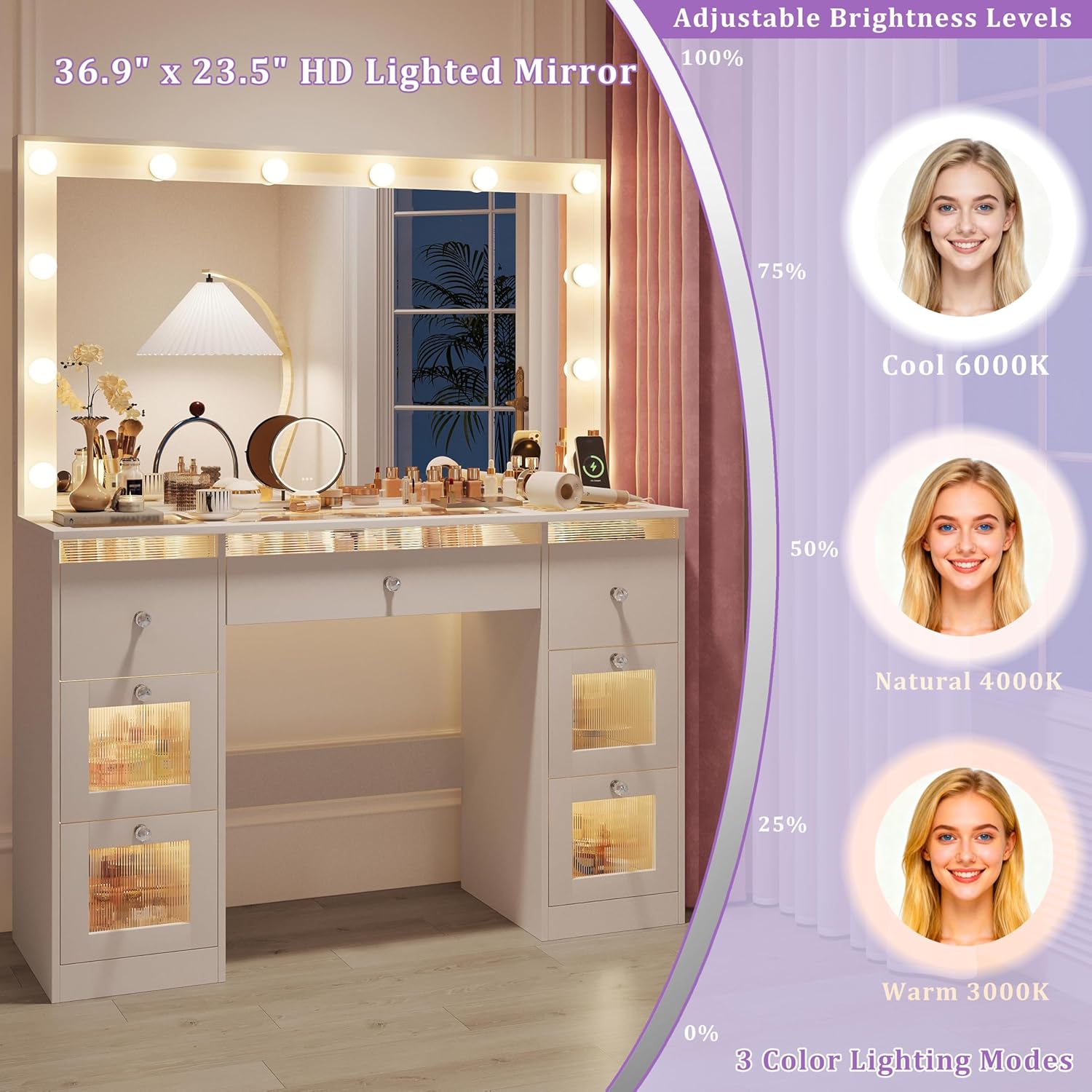 Vanity Desk with Mirror and Lights 3 Colors, Glass Top Vanity with 7 Lighted Drawers & Power Outlet, Makeup Desk with Mirror for Women, Dressing Table for Bedroom, White