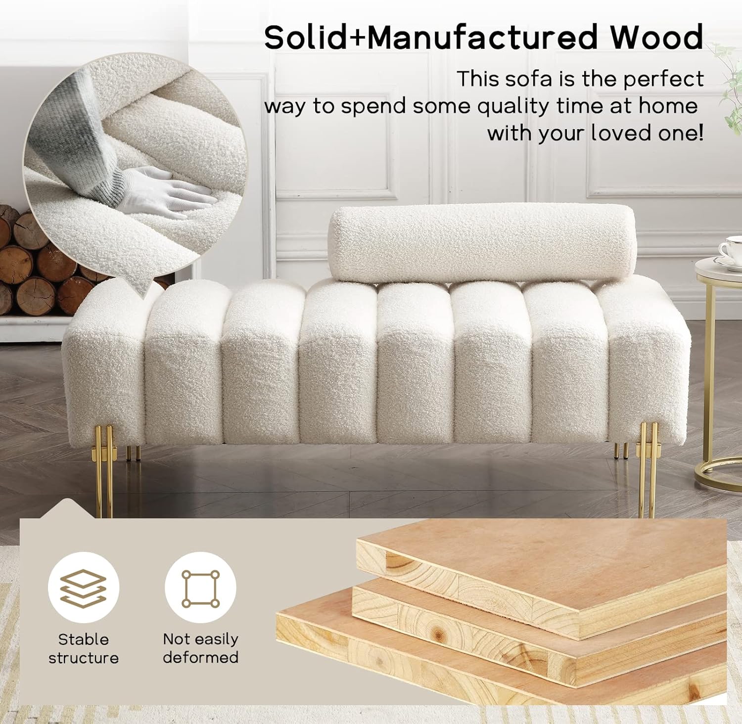 NIOIIKIT 53.2" Modern Loveseat Sofa Couch, Upholstered Accent Sofa with Golden Legs and Adjustable Backrest, Small Teddy Fleece Couches for Bedroom, Living Room, Compact Small Space (Beige Teddy)