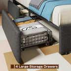 LED Queen Bed Frame with 4 Storage Drawers, Upholstered Bed Frame Queen Size with 2-Tier Headboard and Charging Station, No Box Spring Needed, Easy to Assembly - Dark Grey