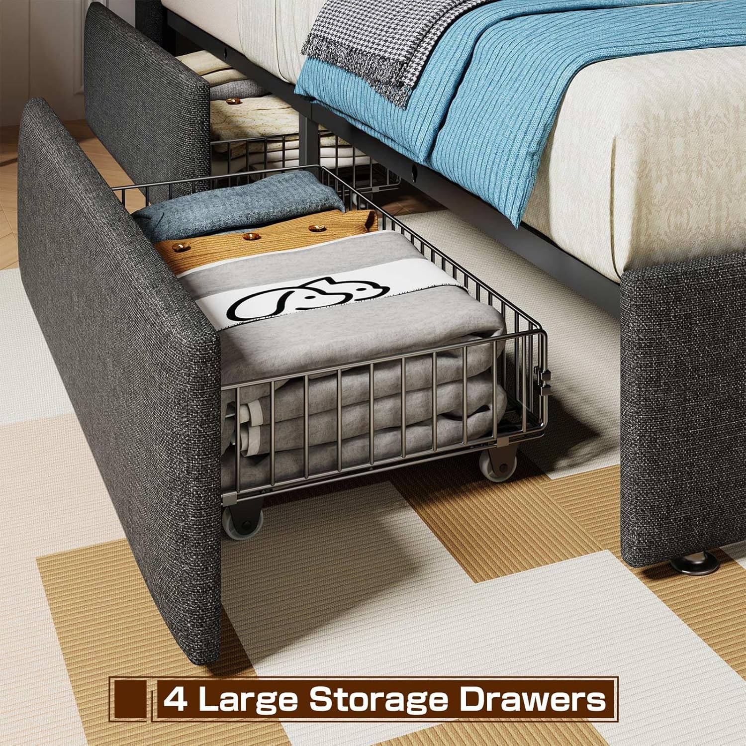 LED King Size Bed Frame with 4 Storage Drawers, Upholstered King Bed Frame with 2-Tier Headboard and Charging Station, No Box Spring Needed, Easy to Assembly - Dark Grey