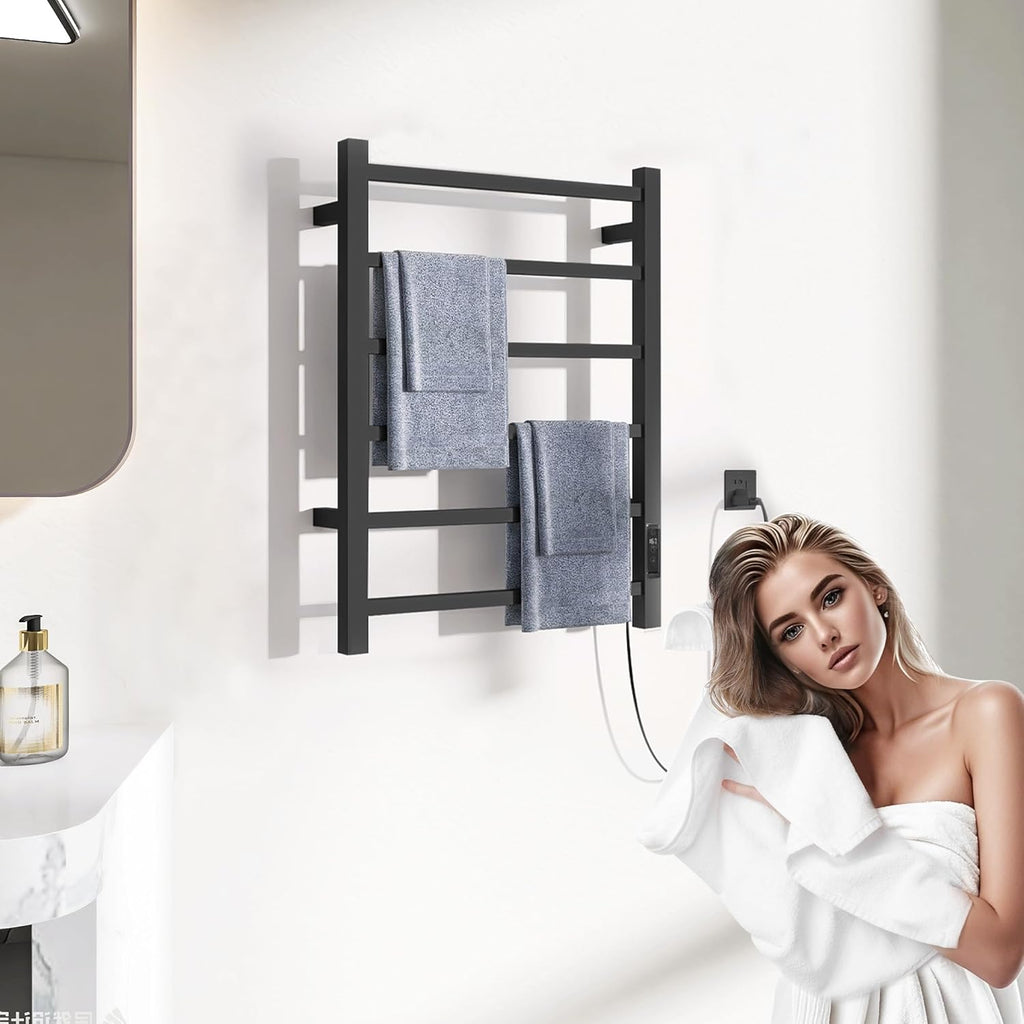 Heated Towel Racks for Bathroom, Wall Mounted Electric Towel Warmer Racks with Timer & Temperature Control, 6 Bar Stainless Steel Towel Heater for Bathroom, Matte Black, Plug-in