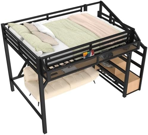 Bellemave Full Size Loft Bed with Storage Stairs, Shelves & Wardrobe, Metal Full Loft Bed Frame with LED Lights & USB Ports for Kids Teens, Noise-Reduced Design, Natural Wood