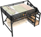 Bellemave Full Size Loft Bed with Storage Stairs, Shelves & Wardrobe, Metal Full Loft Bed Frame with LED Lights & USB Ports for Kids Teens, Noise-Reduced Design, Natural Wood