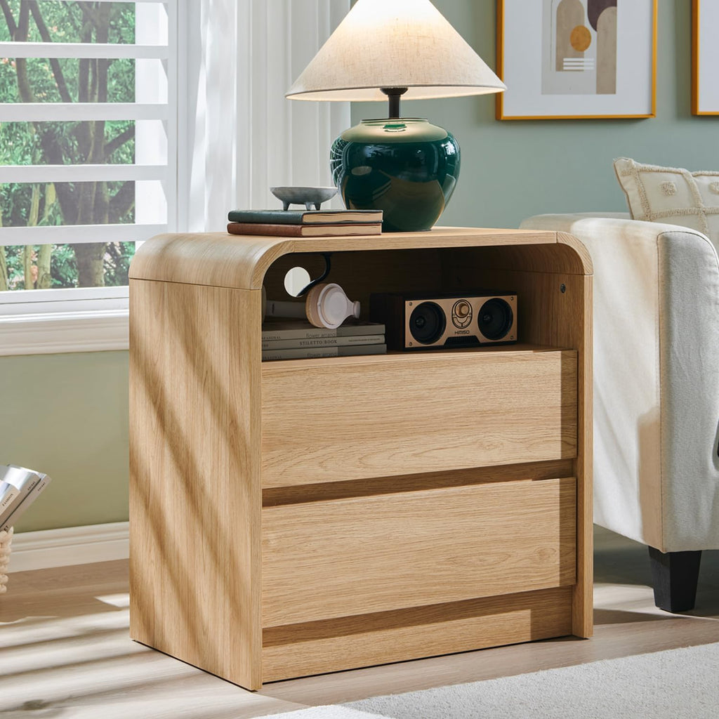 25" Tall Modern Nightstand Set of 2, 23.6'' Wide Wood Bedside Table w/2 Storage Drawers, Charging Station, Mid Century End Table for Bedroom, Living Room,Curved Profile Design, Natural Oak | Modern, Set of 2, Bedside Table, 2 Storage Drawers, Chargin